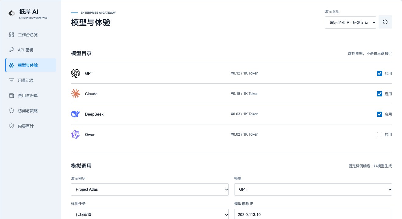 抵岸 AI 工作台:模型接入,使用虚构演示数据
